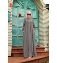 6508-Denim Yandan Düğmeli Ferace Gri