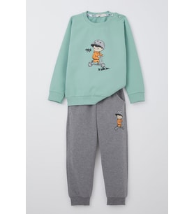 Breeze Erkek Bebek Eşofman Takım Scooter Süren Çocuk Baskılı 9 Ay-3 Yaş, Su Yeşili