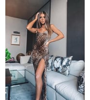 Leopar Kadife Askılı Maksi Elbise (Bej)