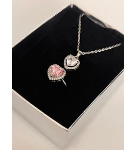 ciddi ilişki yüzüğü pembe kalpli ve beyaz kalpli taşlı kolye çelik set