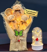 Size Özel Led Işıklı Peluş Ayıcık Buketi ve Led Işıklı Biblolu Fanus Hediye Seti (Model 2)