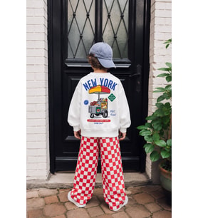New York Ketchup Sırt Baskılı Sweatshirt Kırmızı Beyaz Damalı Kareli Eşofman Altı Erkek Çocuk Alt Üst Takım 3İP