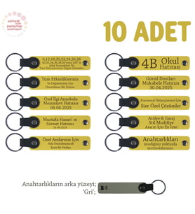 Sarı & Gri, Beden Eğitimi Öğretmeninden Hediye, 10’lu Set, Üzerine İsim Yazılabilen Deri Anahtarlık