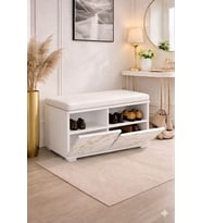 TERMINI 80 cm Minderli Oturaklı Ayakkabılık  2 Kapaklı Beyaz Ayakkabı Dolabı Beyaz Deri Puflu Bench