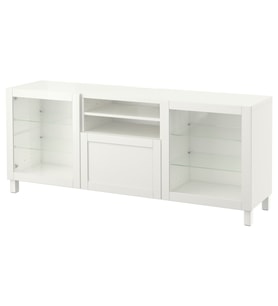 TV Sehpası, Beyaz-Şeffaf Cam, 180x42x74 cm, Çıt Çıt Raylı