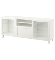 TV Sehpası, Beyaz-Şeffaf Cam, 180x42x74 cm, Çıt Çıt Raylı