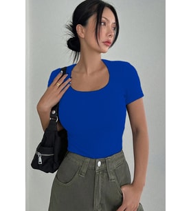 Rooted-Kadın Kare Yaka T-shirt & Bluz , Likralı Fitilli Kaşkorse Kumaş