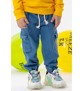 Breeze Girls & Boys Erkek Çocuk Kot Pantolon Beli Paçası Lastikli Kargo Cepli 1-4 Yaş, Mavi