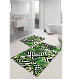 Yeşil Yapraklı Desen Banyo Halısı Klozet Paspas Seti BS037