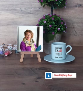 Yengeye Hediye Fotoğraflı Dekoratif Taş, Ahşap Altlıklı Türk Kahvesi Fincanı Hediye (Model 2)