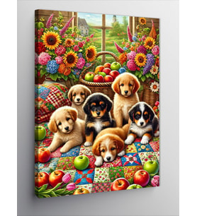 Kanvas Tablo Yavru Köpekler ve Çiçek Bahçesi