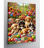 Kanvas Tablo Yavru Köpekler ve Çiçek Bahçesi