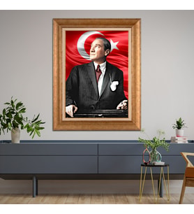 Altın Varaklı Çerçeveli Paspartulu Atatürk Tablo TR0688 (Gold)