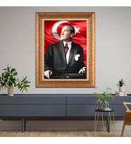 Altın Varaklı Çerçeveli Paspartulu Atatürk Tablo TR0688 (Gold)