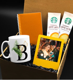 Kişiye Özel Harf Tasarım Kupa & 2'li Starbucks Latte & Sarı Defter & Kişiye Özel Sarı Ahşap Çerçeve