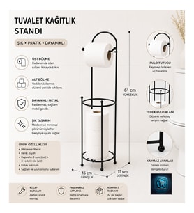 Premium Lüks Siyah Metal Tuvalet Kağıtlık Standı Yedek Rulo Bölmeli 61 cm