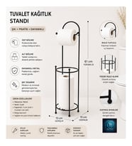Premium Lüks Siyah Metal Tuvalet Kağıtlık Standı Yedek Rulo Bölmeli 61 cm