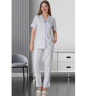 Mecit 5144 Bayan Mavi Boydan Düğmeli Kısa Kollu Pijama Takımı