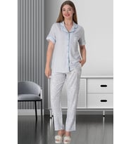 Mecit 5144 Bayan Mavi Boydan Düğmeli Kısa Kollu Pijama Takımı