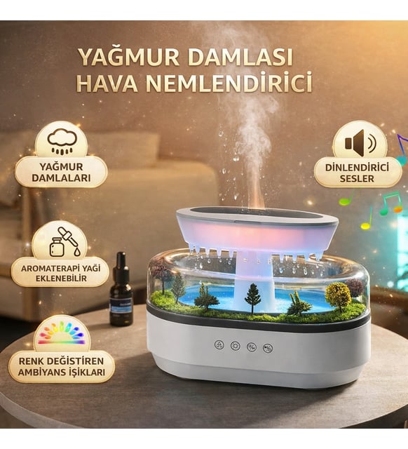 Yağmur Damlası Efektli Aroma Terapi Hava Nemlendirici – LED Ambiyans Işıklı, Rahatlatıcı Doğa Sesli, Sessiz Çalışma