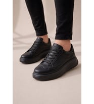 Arad Bağcıklı Cilt Erkek Günlük Sneaker Ayakkab Siyah