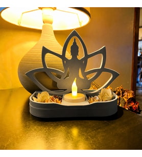 3D Baskı Lotus Buda Mumluk - Dekoratif Tealight Mumluk-Gri