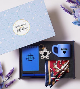 Anneler Günü Özel  Hediye Seti ,Mavi  Fincan, Fular, Anahtarlık, Defter, Kalem