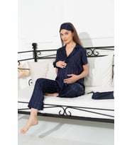 5'li Jakarlı  Lacivert Hamile Pijama Takımı