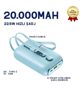 20.000mAh Dijital Göstergeli Dahili Çoklu Kablolu Taşınabilir 22.5W Hızlı Şarjlı Powerbank Hafif Mini Boyut Minimalist Tasarım Asma Aparatlı