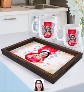 BK Gift Kişiye Özel Kadınlar Günü Karikatürlü Doğal Ahşap Tepsi ve 2’li Kupa Bardak Seti-3
