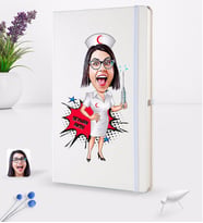 BK Gift Kişiye Özel Hemşire Karikatürlü Beyaz Termo Deri Defter 16x24cm Model 1