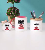 Dünyanın En Güzel Öğretmeni Kupa Bardak Kırmızı Kalemlik ve Anahtarlık (Model 1)