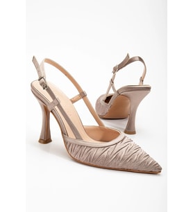 Arkası Açık Saten Özel Tasarım Stiletto (Vizon)