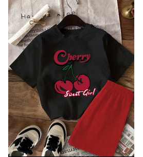 AMOR MAN ÖZEL TASARIM CHERRY BASKILI ULTRA RAHAT YENİ TREND KADIN T-SHIRT ŞORT TAKIMI (Kırmızı)