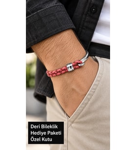 Padrien Coralarc Mercan Pembe Deri Erkek Bileklik - Gümüş Ton Metal Örgü