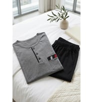 Erkek Gri Viskon Karışımlı Uzun Kollu Düğmeli Biyeli Pijama Takımı