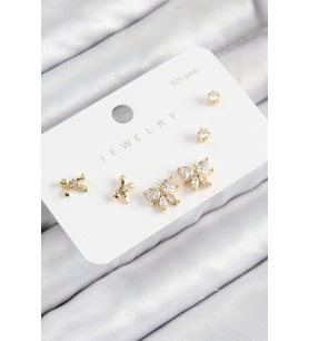 Pirinç Zirkon Taşlı Fiyonk Model Gold Renk 925 Ayar Gümüş Çivi Kadın Küpe Set (Altın)