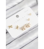 Pirinç Zirkon Taşlı Fiyonk Model Gold Renk 925 Ayar Gümüş Çivi Kadın Küpe Set (Altın)
