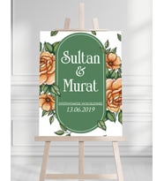 Söz Nişan Düğün İçin 50x70 Karşılama Panosu - Renkli Çiçek ve Yeşil Desenli