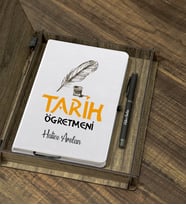 Kişiye Özel Tarih Öğretmeni Tasarımlı Ahşap Kutulu Ajanda Kalem Seti (Beyaz)