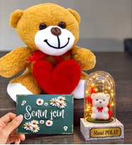 Sevimli Kalpli Peluş Ayıcık ve Led Işıklı Kişiye Özel Fanus (Model 4)