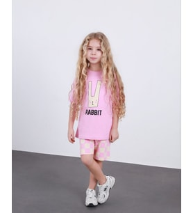 Cg Kids Rabbit Tavşan Baskılı Tshirt & Damalı Şort Pembe Alt Üst Takım Süper Kalite