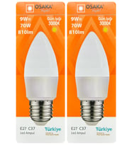 (2 Adet) Osaka 9W (70W) Sarı Işık (3000K) E27 Duylu (Kalın Duy) Led Mum Ampul
