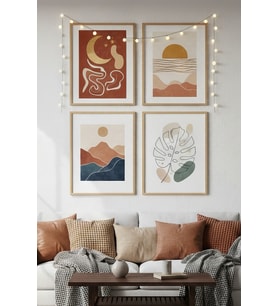 Soyut Doğa ve Güneş 4’lü Ahşap Çerçeveli Tablo Seti - Minimalist Salon Dekoru