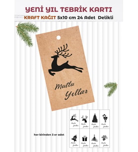 Kraft Yılbaşı Tebrik Kartı 24 Adet (5x10cm) 8 Farklı Tasarım Delikli