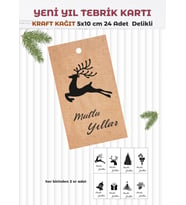 Kraft Yılbaşı Tebrik Kartı 24 Adet (5x10cm) 8 Farklı Tasarım Delikli