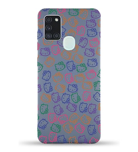 Samsung Galaxy A21s Uyumlu Lansman Kılıf Hello Kitty Tasarımlı İçi Kadife Kapak-Petrol Mavisi (Şeffaf)