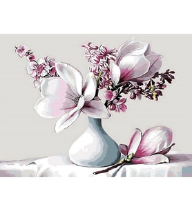 Beyaz Vazo ve Çiçekler Sayılarla Boyama Seti(60x75 cm Tuval Şasesine Gerili)