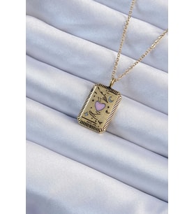 316L Çelik Zincir Eskitme Altın Renk Pembe Mineli Kalp Figürlü Tarot Kolye 5886 - SSSSSS6262-82