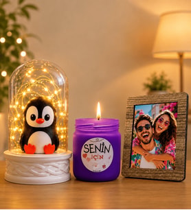 Kişiye Özel Fotoğraflı LED Işıklı Fanus (penguenli) ve Kokulu Cam Mum Hediye Seti